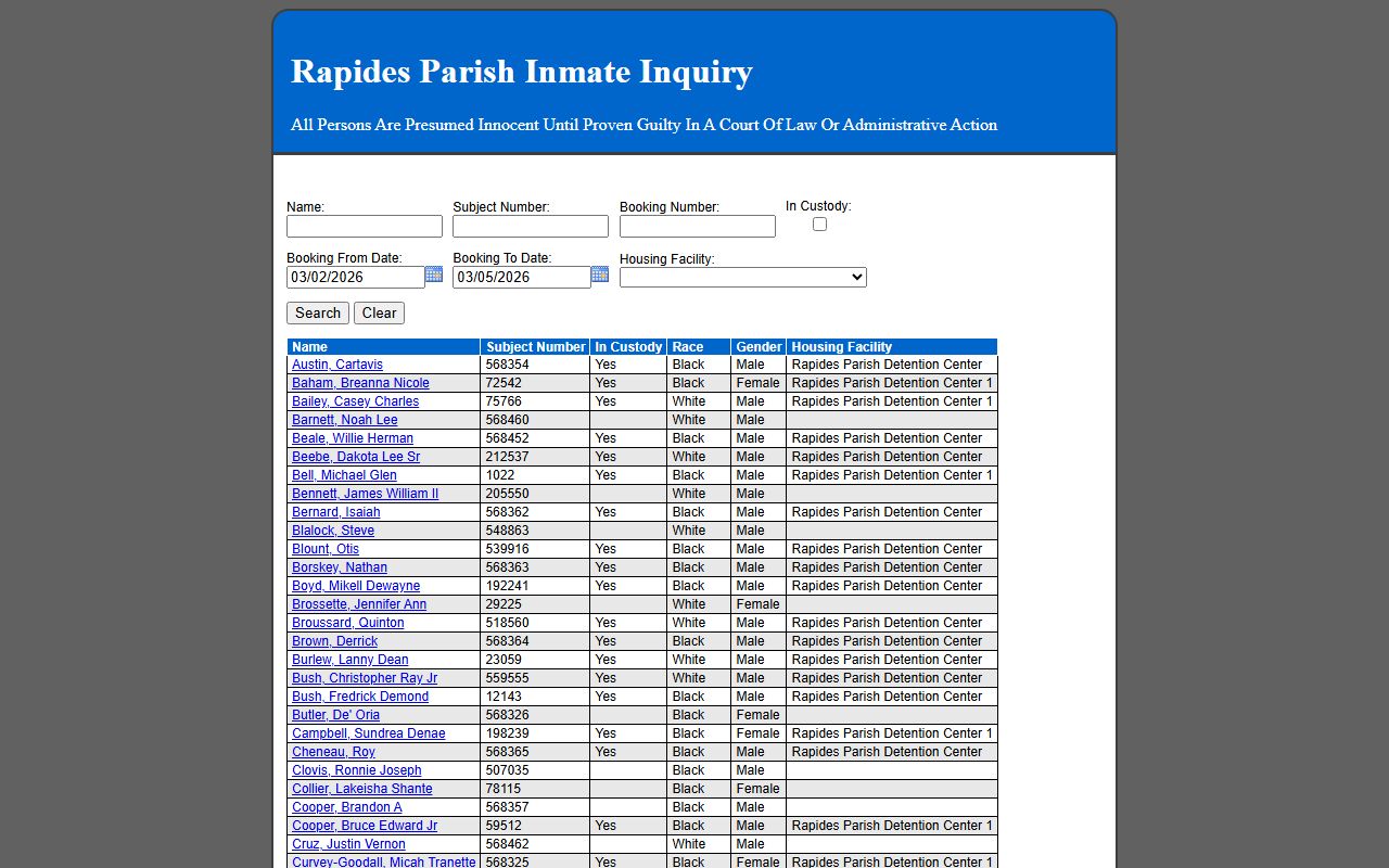 Rapides Parish Inmate Inquiry search tool for Alexandria inmate population