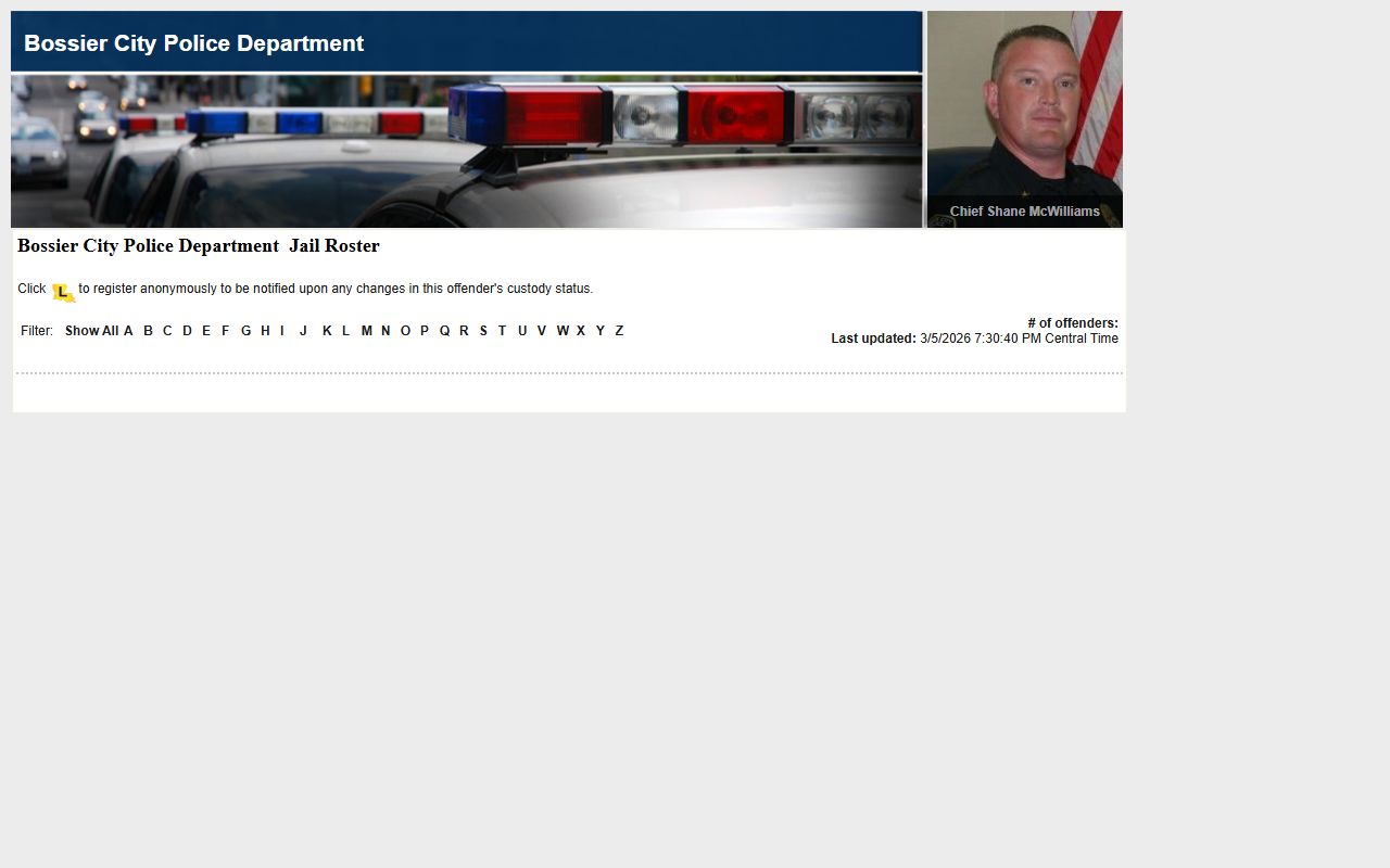 Bossier City LA VINE inmate roster search for city jail population