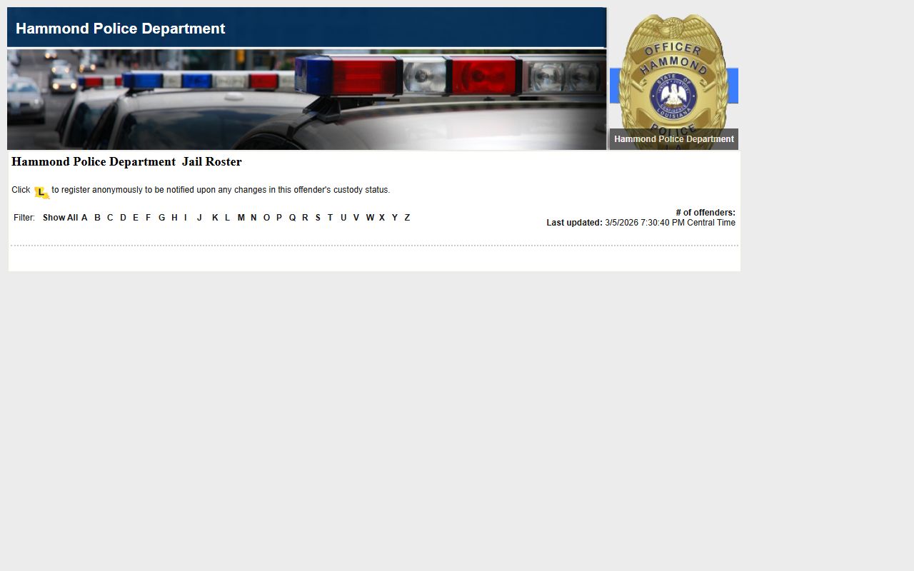 Hammond LA VINE inmate roster for searching city jail population