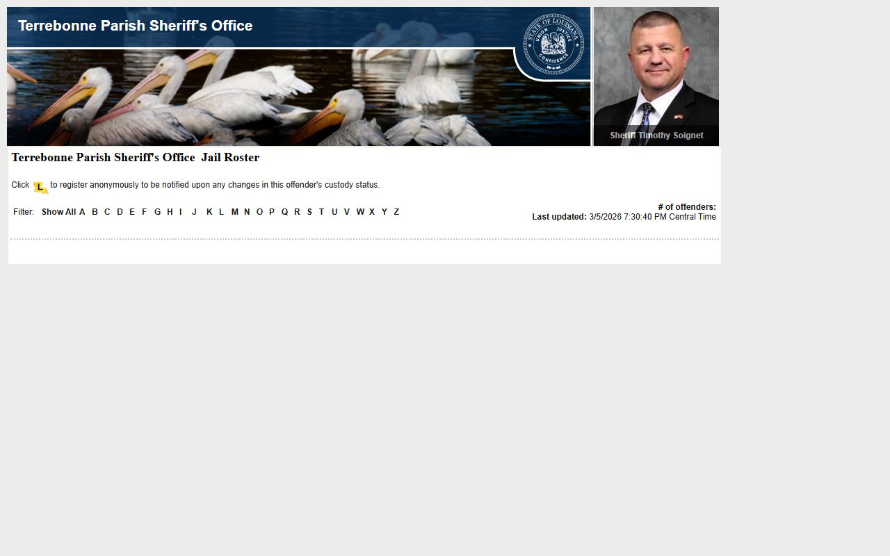 Terrebonne Parish LA VINE roster for searching Houma area inmates