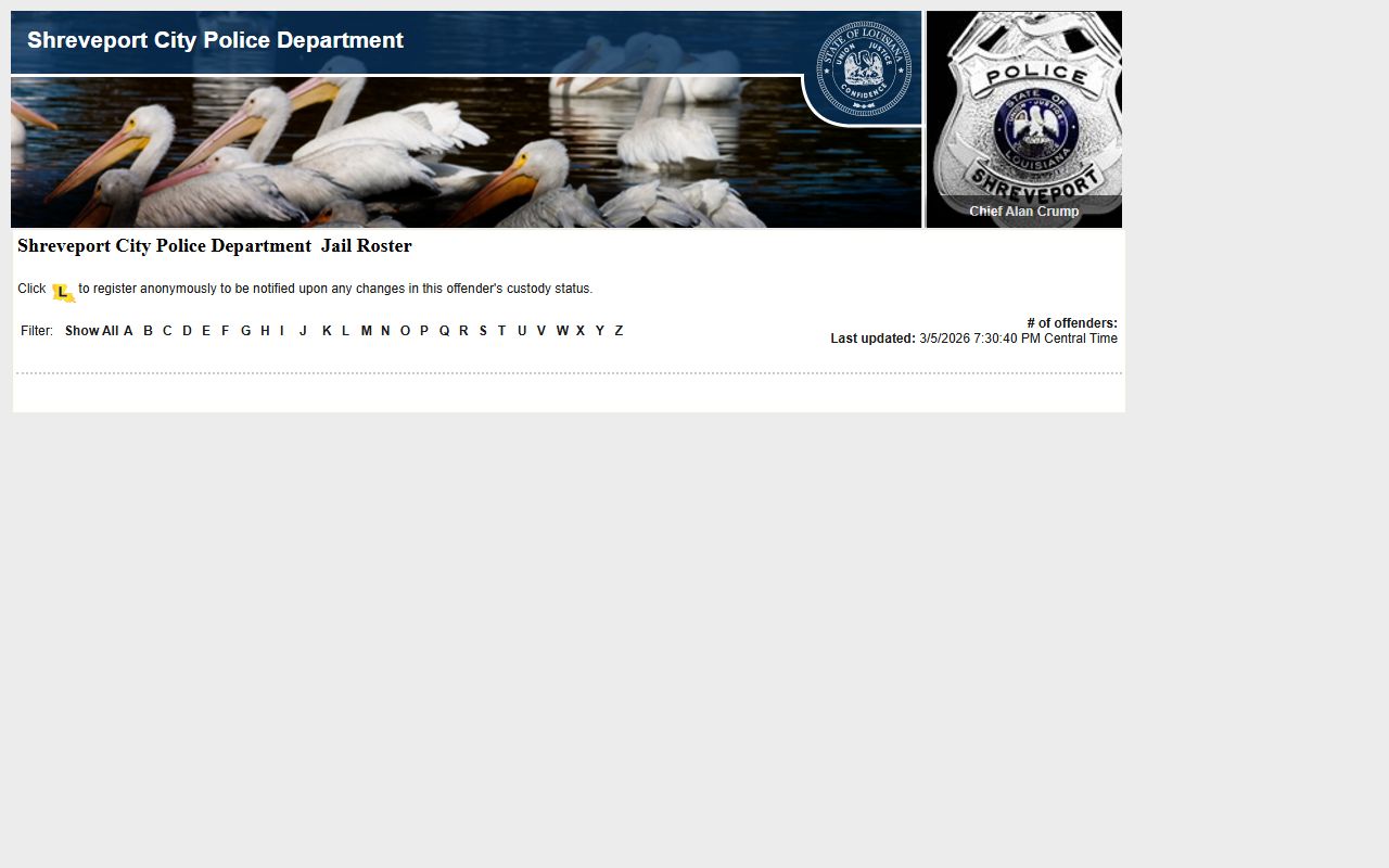 Shreveport LA VINE roster for city jail inmate population