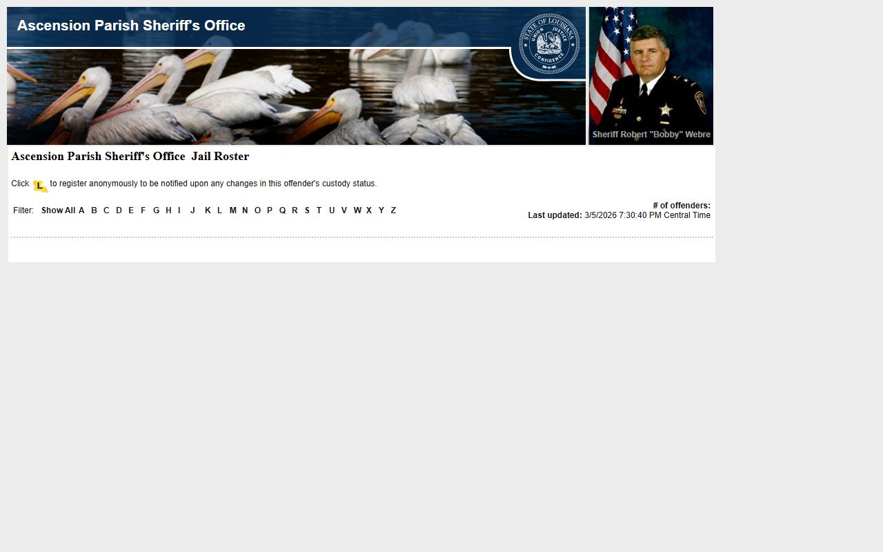 Ascension Parish inmate population roster on LA VINE system