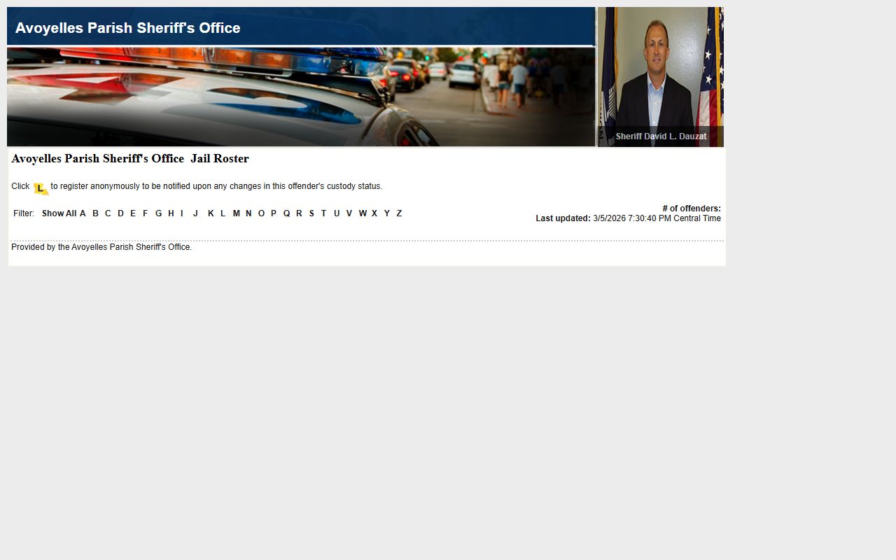 Avoyelles Parish inmate population roster on LA VINE system