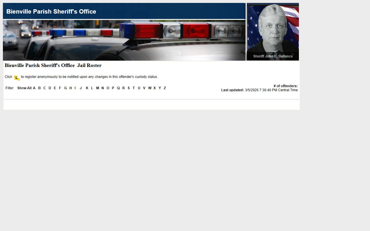 Bienville Parish inmate population roster on LA VINE system