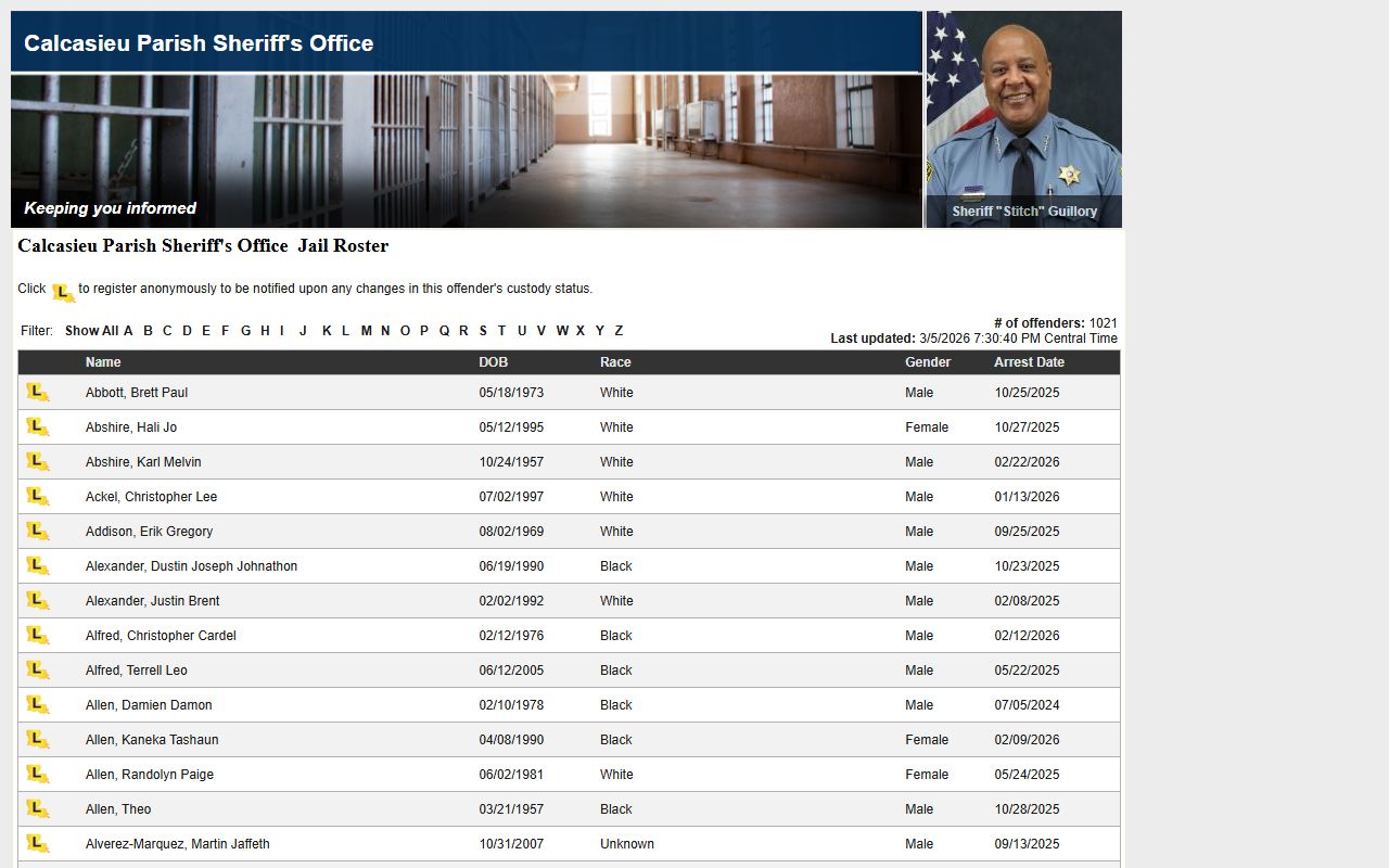 Calcasieu Parish LA VINE inmate roster search for inmate population