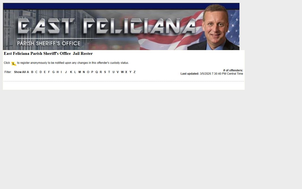 East Feliciana Parish inmate population roster on LA VINE system