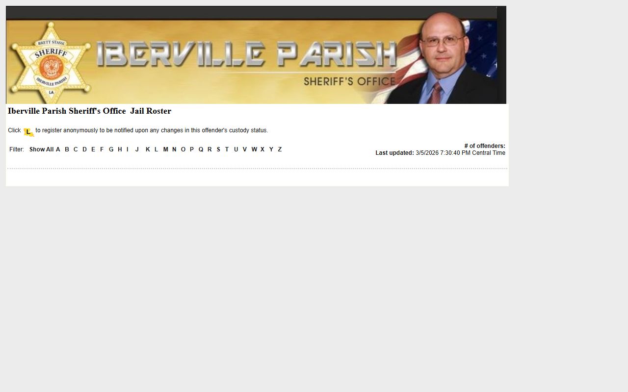 Iberville Parish inmate population roster on LA VINE system