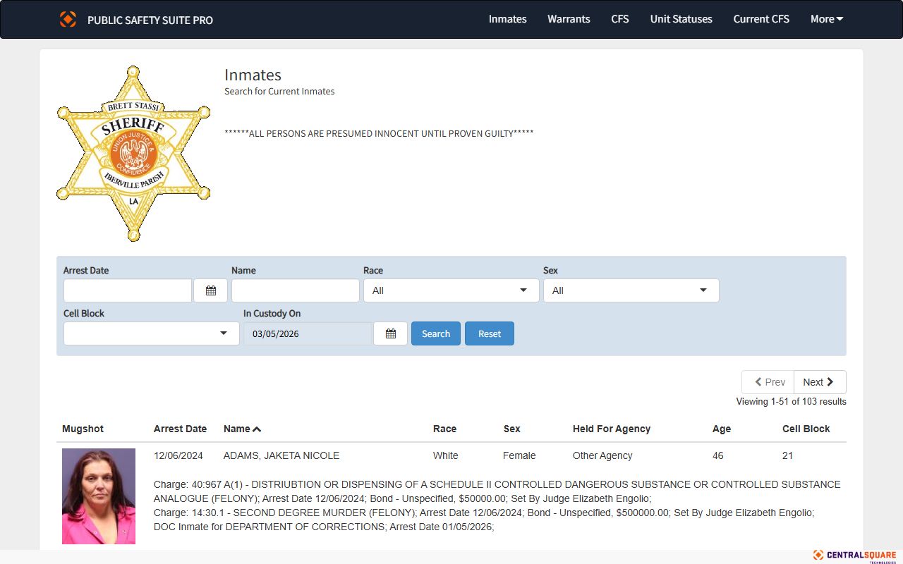 Iberville Parish inmate population Zuercher Portal with real-time booking data