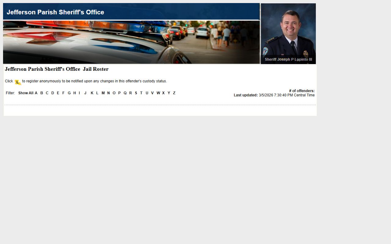 Jefferson Parish LA VINE inmate roster for searching inmate population