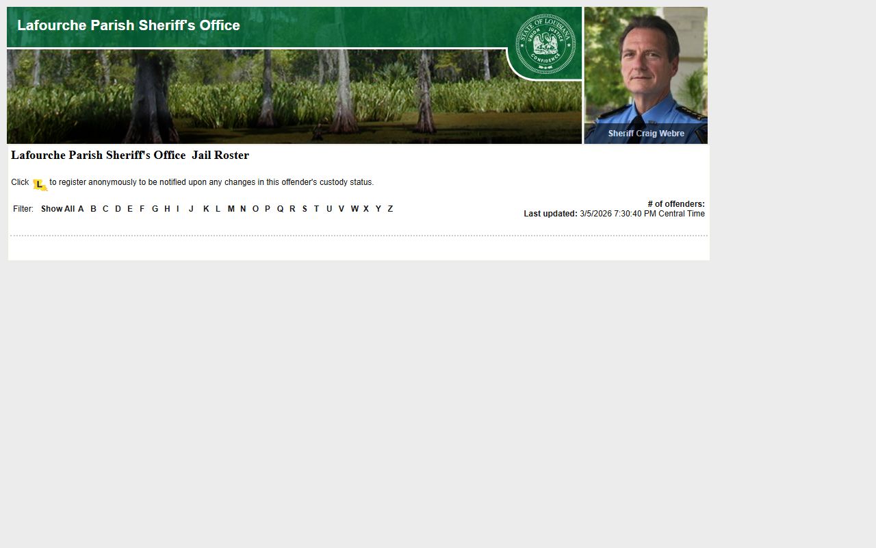 Lafourche Parish inmate population roster on LA VINE system