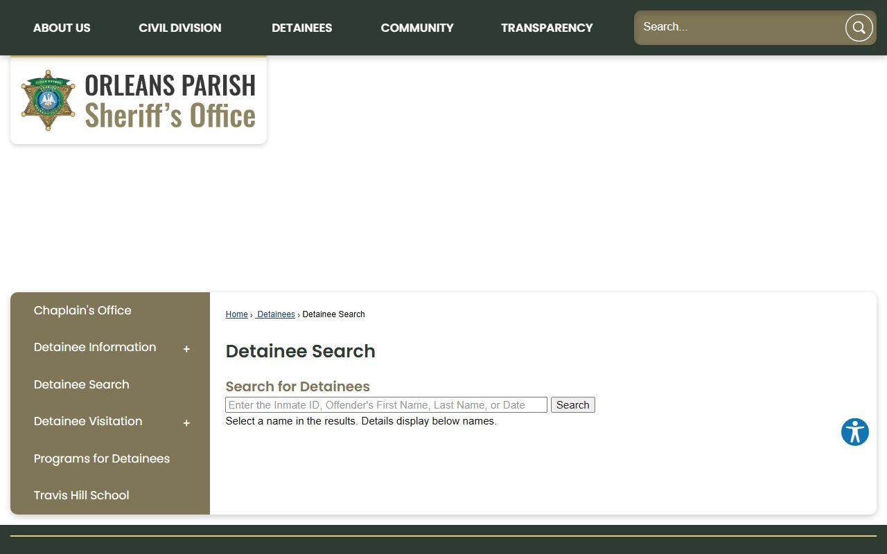 Orleans Parish OPSO Detainee Search for inmate population lookups