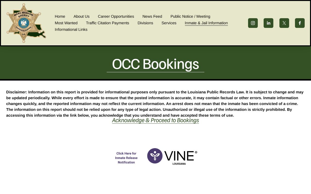 Ouachita Parish Sheriff bookings page for inmate population data