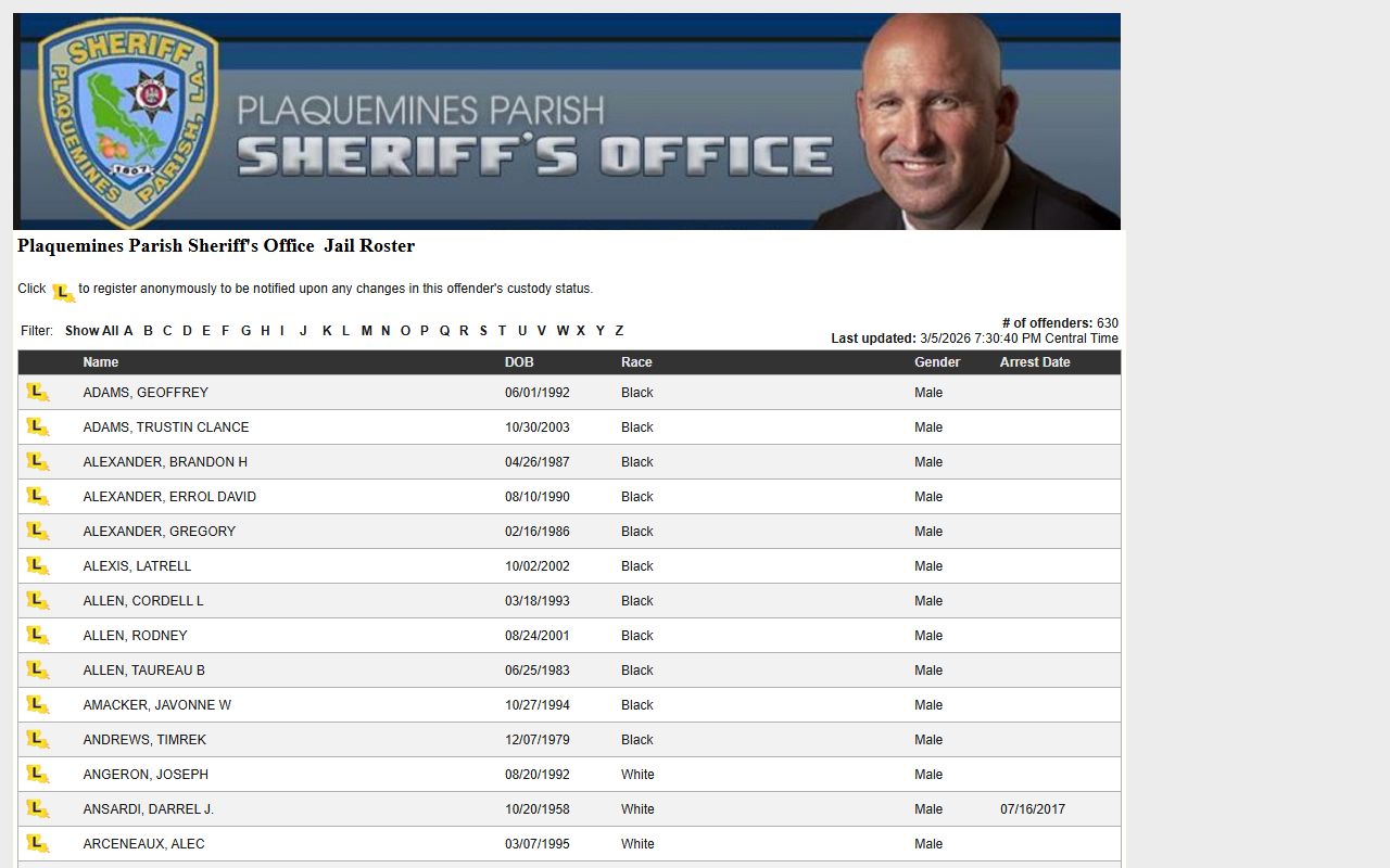 Plaquemines Parish LA VINE inmate roster for searching inmate population