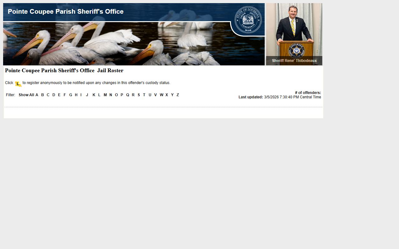 Pointe Coupee Parish inmate population roster on LA VINE system