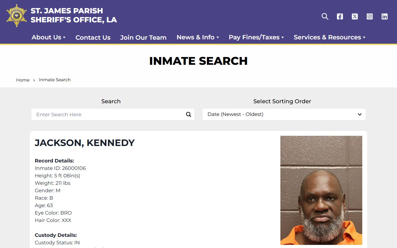 St. James Parish Sheriff inmate search tool for finding inmates