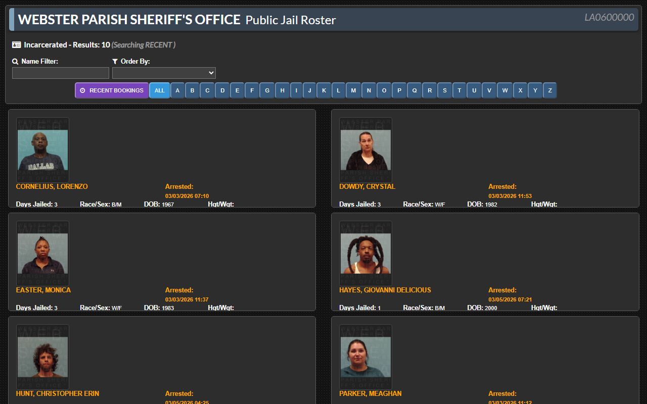 Webster Parish Kologik jail roster for searching inmate population