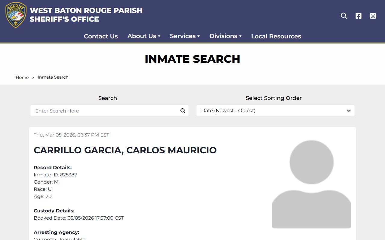 West Baton Rouge Parish inmate search tool for looking up inmate population