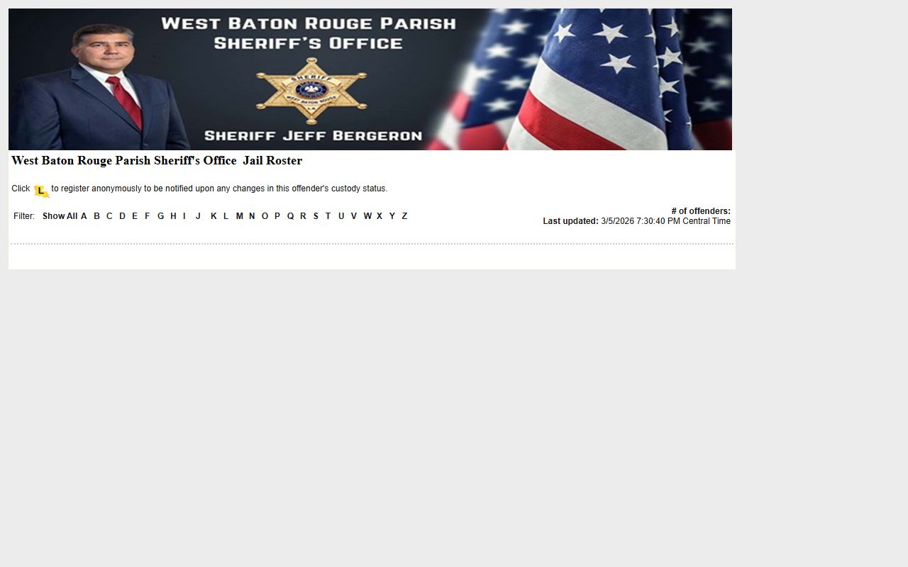 West Baton Rouge Parish LA VINE inmate roster for searching inmate population