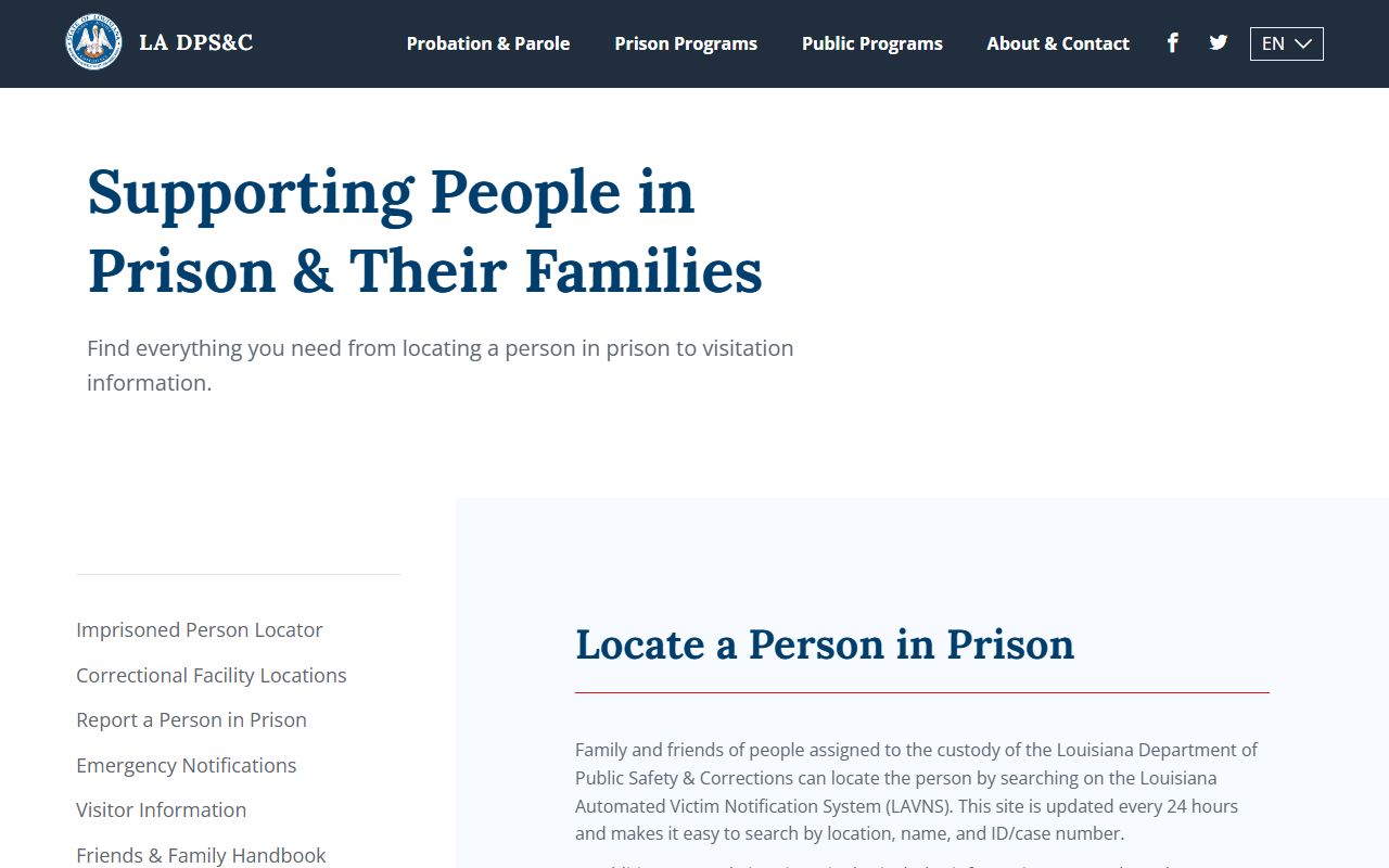 Louisiana DPS&C offender information page for inmate population search