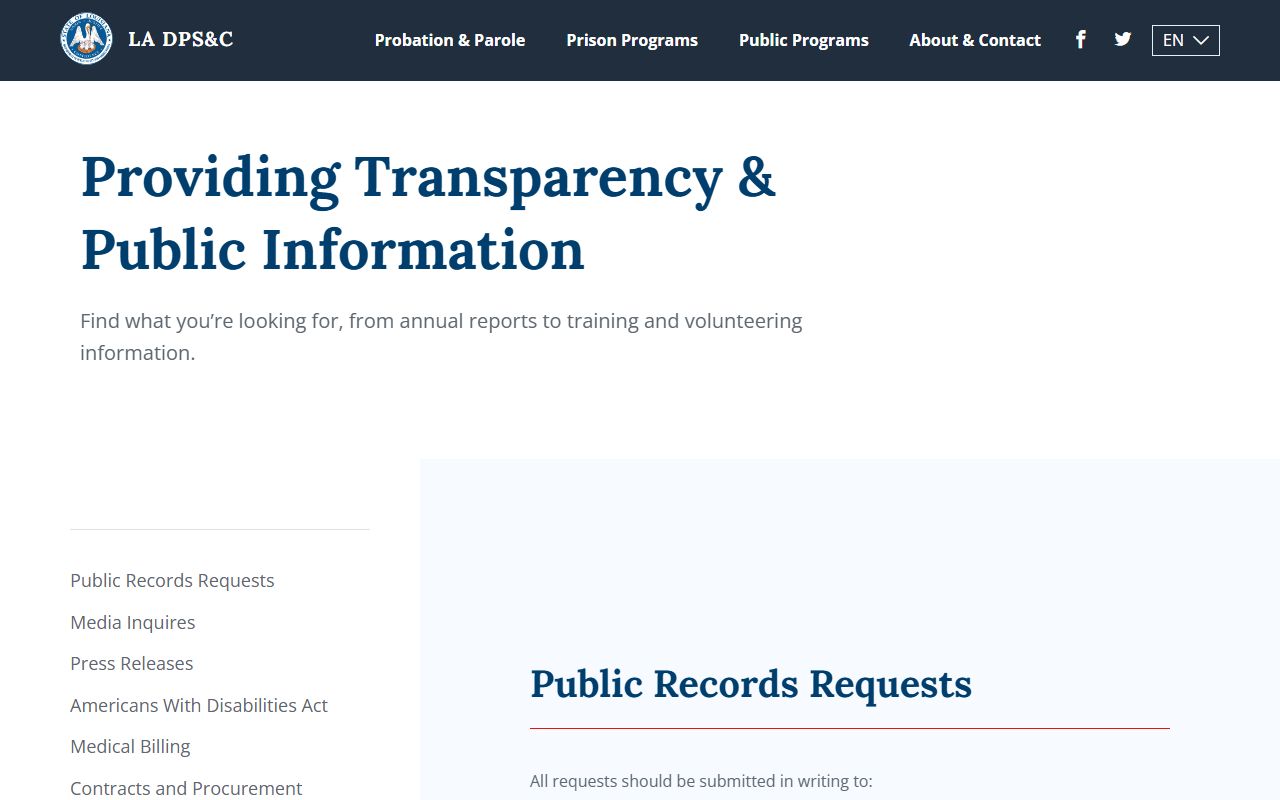 Louisiana DPS&C public records request page for inmate population data