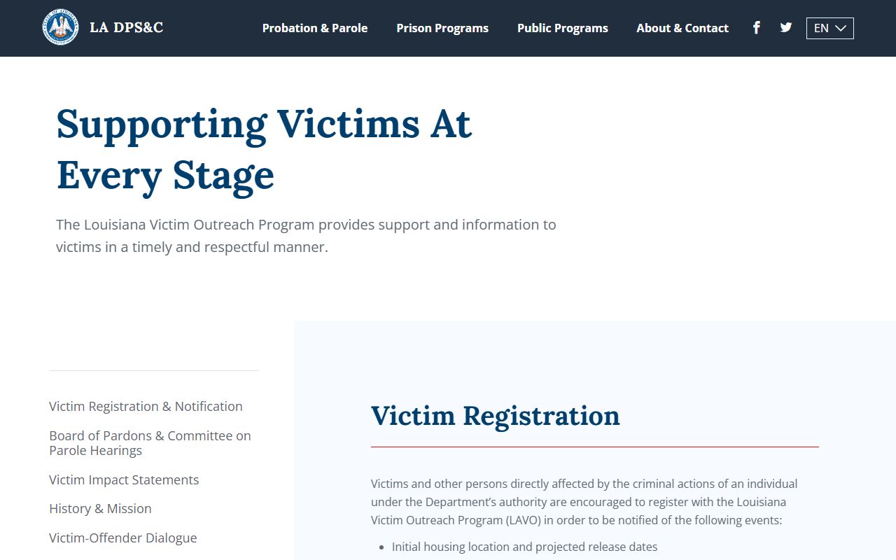 Louisiana victim services page with inmate notification options